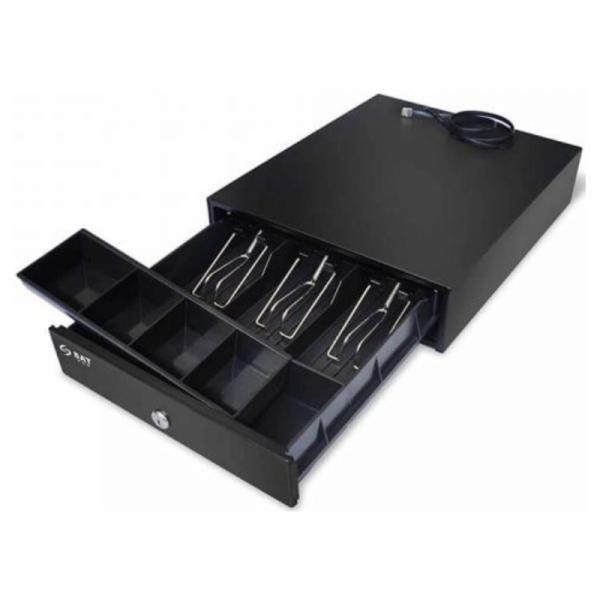 GAVETA DE DINERO PUNTO DE VENTA SAT AMERICA RS100 RJ11 3 COMPARTIMENTOS BILLETES 4 MONEDAS APERTURA AUTOMATICA Y LLAVE CAJA 130 X 310 X 410 MM 4070010000020