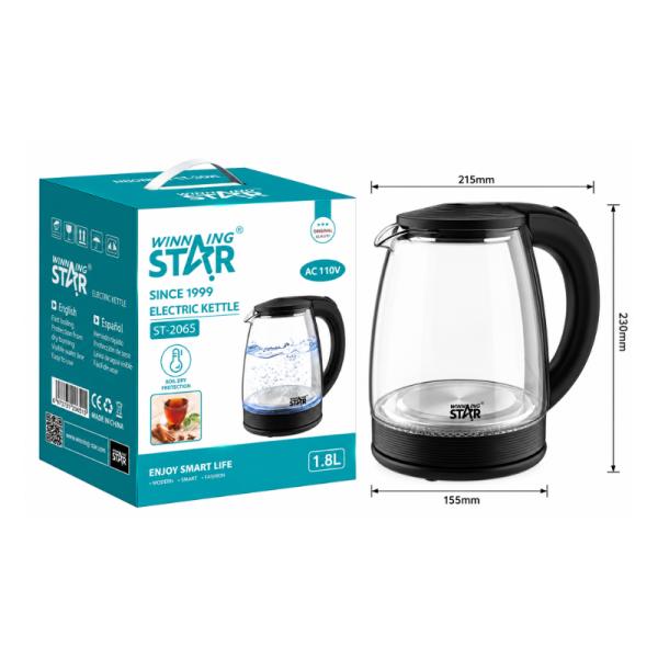 HERVIDOR ELÉCTRICO WINNING STAR ST-2065 1000W 1.8L VIDRIO DE BOROSILICATO Y ACERO INOXIDABLE RSH-1070-WST-110V-13632