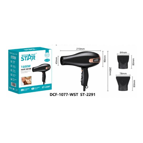 SECADORA DE CABELLO WINNING STAR ST-2291 AIRE FRÍO Y CALIENTE 3 NIVELES DE TEMPERATURA Y 2 VELOCIDADES DCF-1077-WST-110V-16642